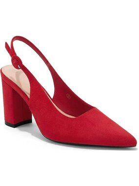 Women's Red Slingback Chunky Heel Slip On Pointed Toe Block Dress Shoes